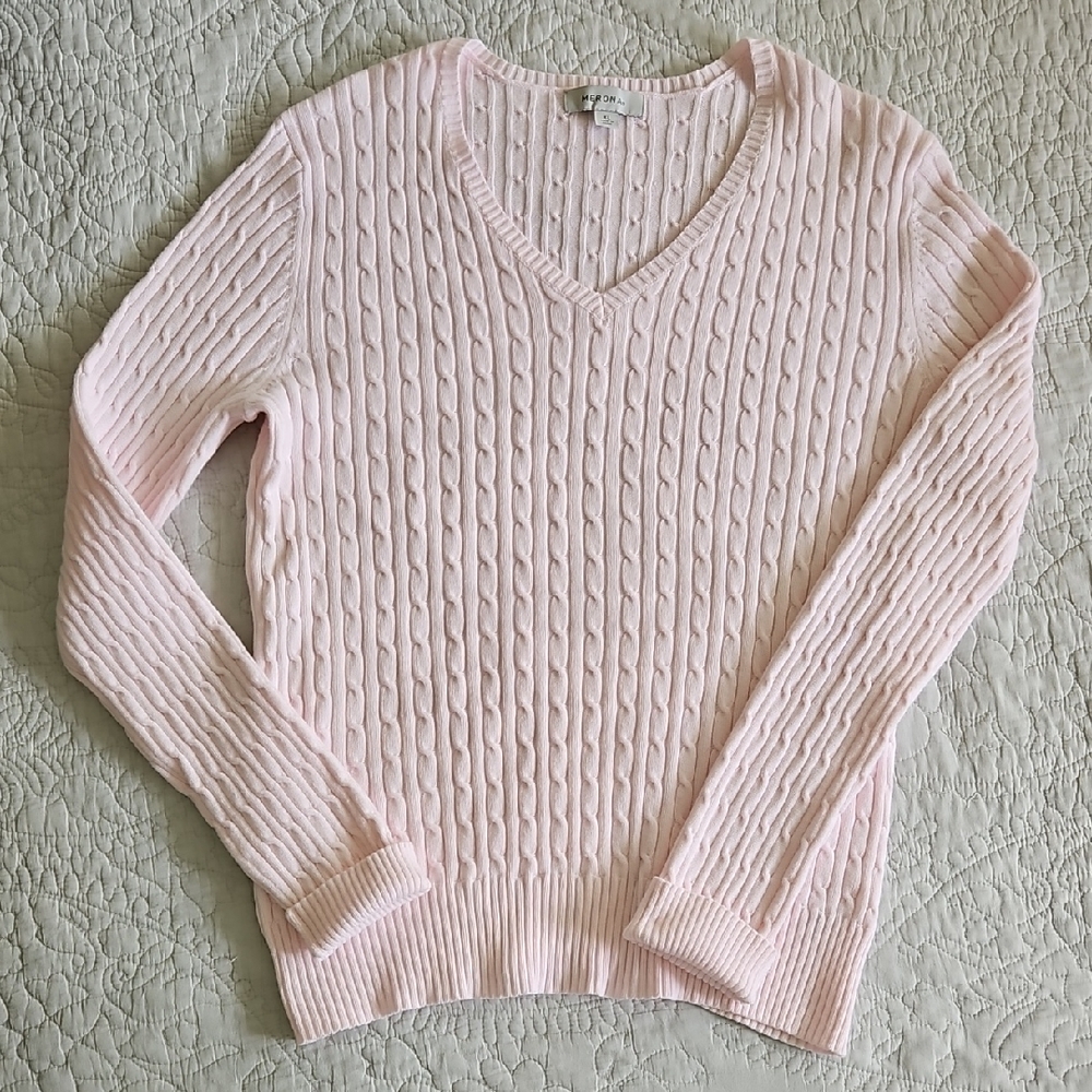 Merona Powder Pink‎ Vneck Cableknit Sweater Lightweight Cotton Size XL